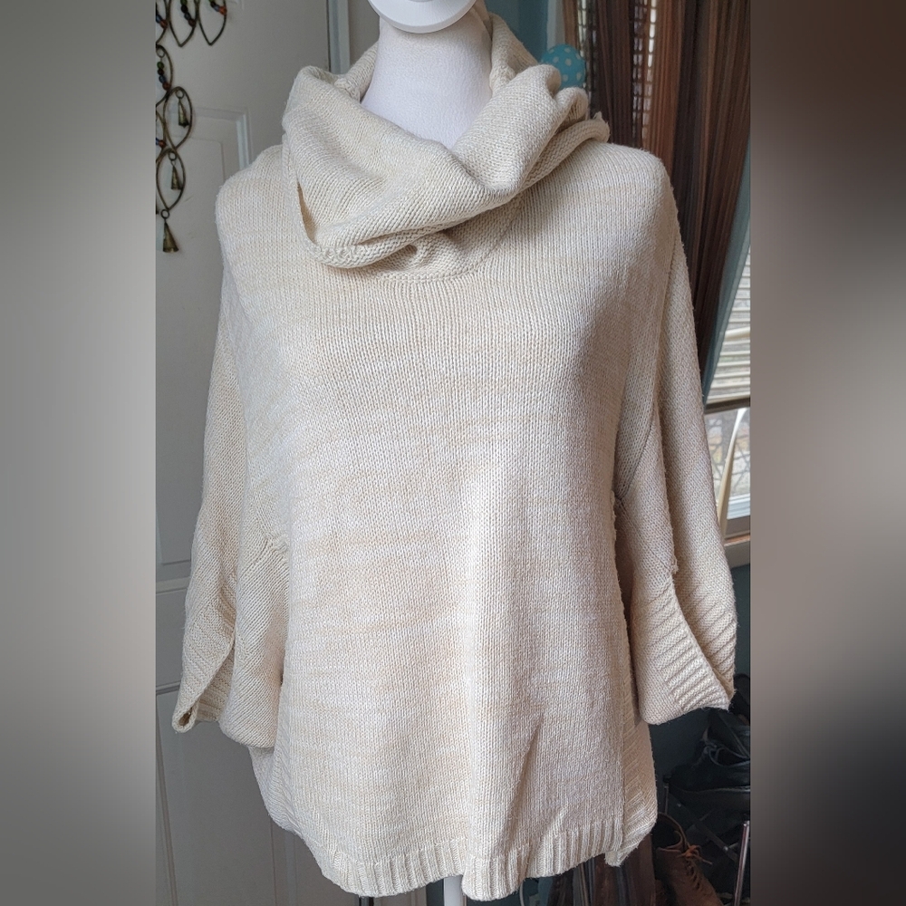 Moth Anthropologie Cowl Neck Poncho Sweater Womens XS Oatmeal Baggy Short Sleeve